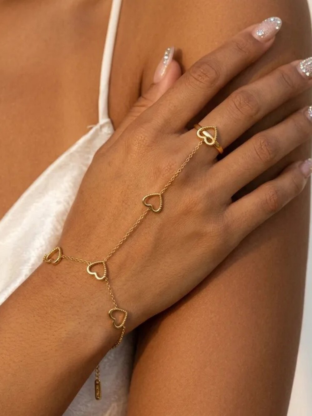 Gold Heart Hand Chain Bracelet Ring Combo Stainless Steel - Picture 2 of 13